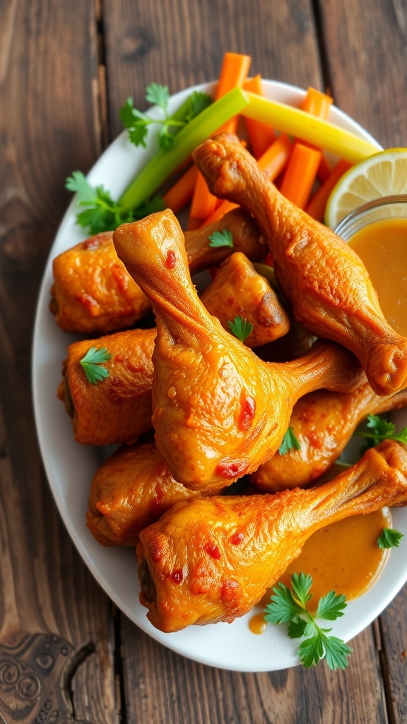 Crispy chicken drumsticks garnished with parsley on a rustic plate with dipping sauce.
